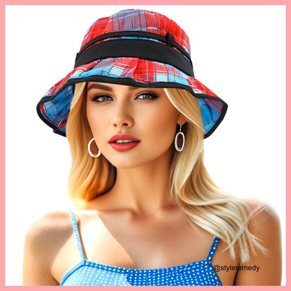 Polyester Plaid Bucket Hat Foldable Sun Protection with Chin Strap main image 6